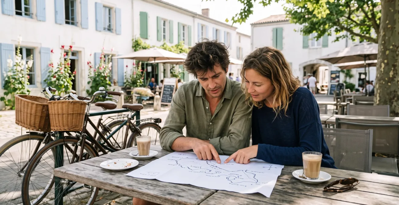 A couple points at a hand-drawn map on a café table in an island village.