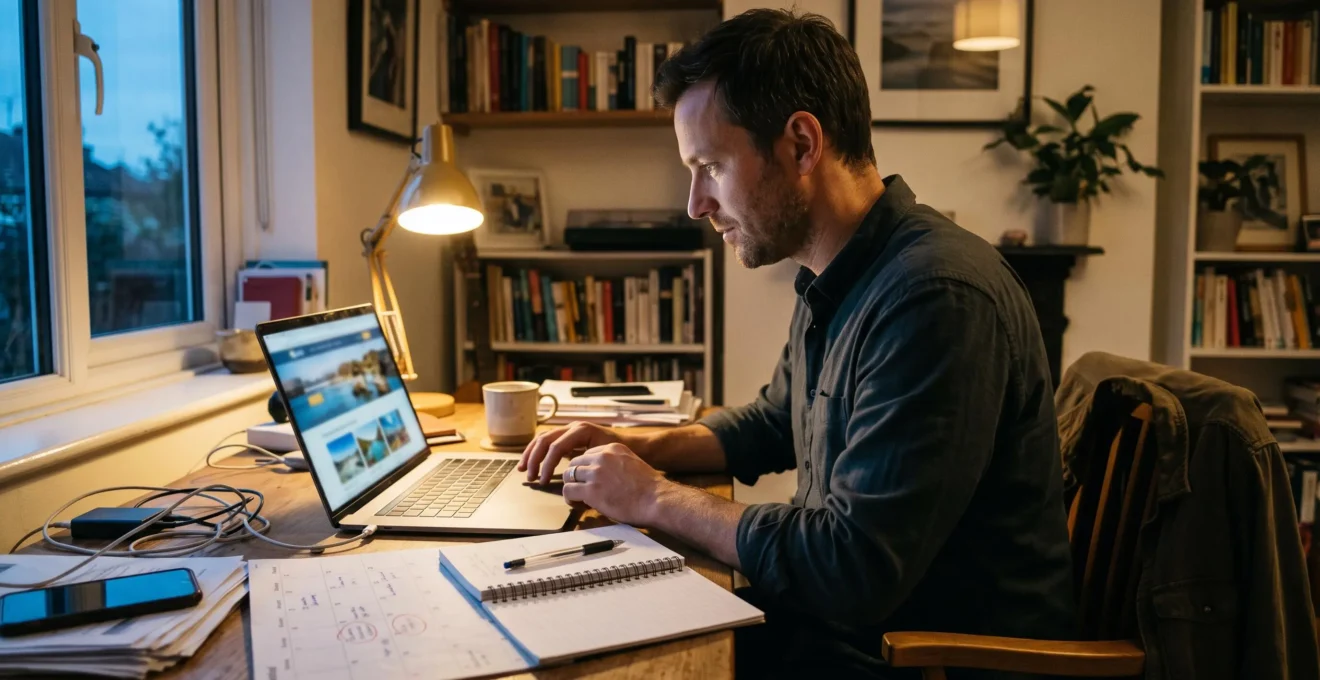 A man books a holiday villa on a laptop at his desk in the evening.