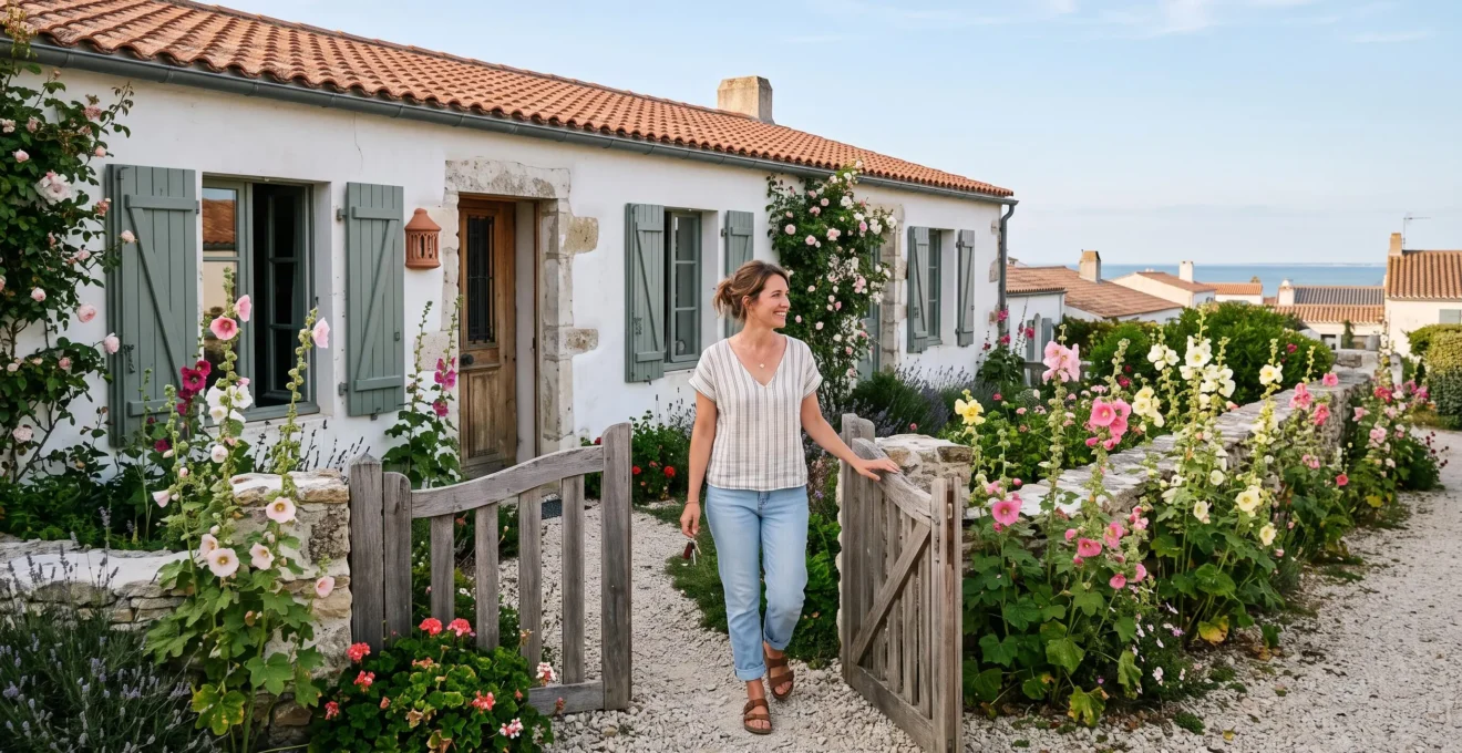 A woman with keys opens the garden gate of a whitewashed villa on Île de Ré.