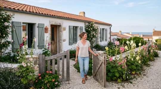 A woman with keys opens the garden gate of a whitewashed villa on Île de Ré.