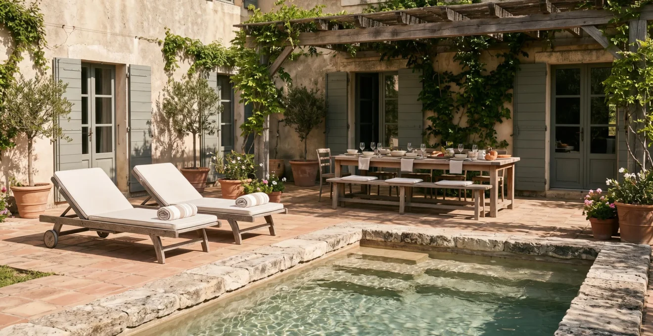 A villa courtyard with a heated pool, loungers and an outdoor dining table under a pergola.